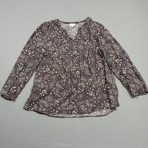 Pure Jill Top Blouse Floral Paisley Split Neck Pleated Purple Women's Size L